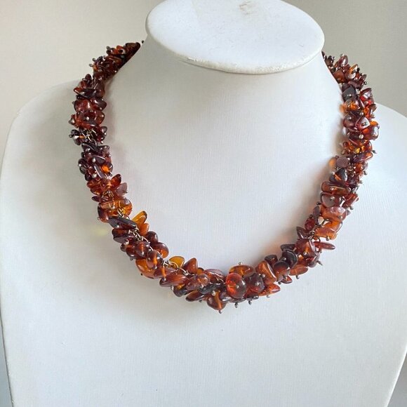 Vintage Deep Saturation Amber Asymmetrical Bead Necklace - Picture 2 of 8